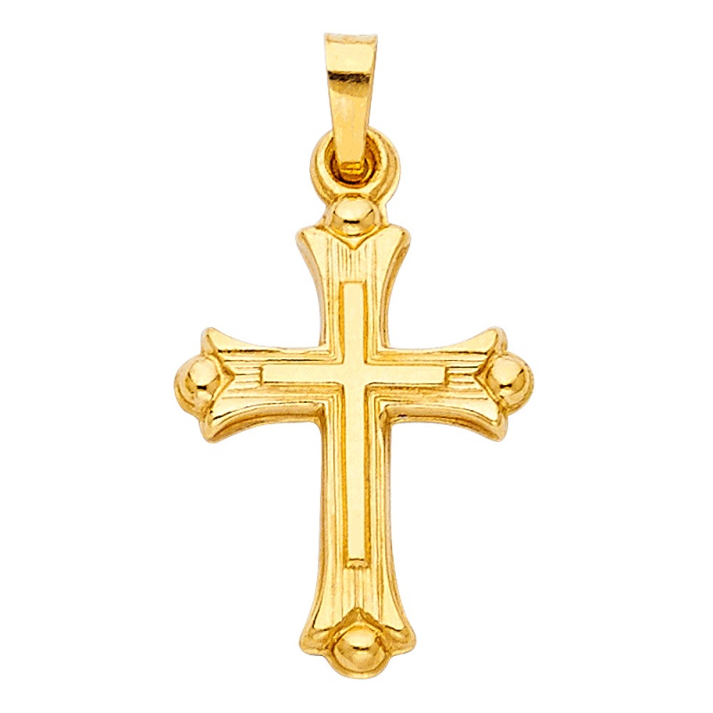 14K Gold Cross Charm Pendant With 1.1Mm Wheat Chain Necklace