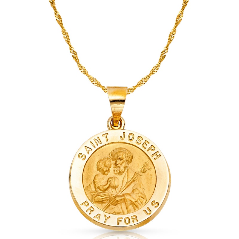 14K Gold St. Joseph Charm Pendant With 1.8Mm Singapore Chain Necklace