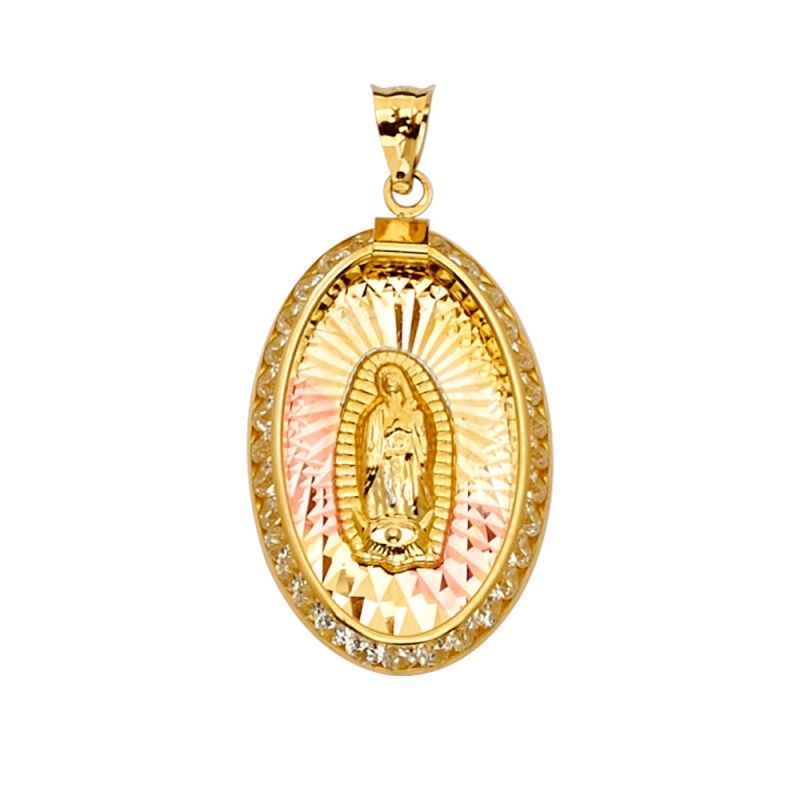 14K Gold Cz Guadalupe Medal Religious Pendant