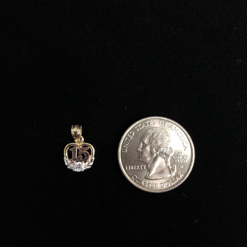 14K Gold 15 Years Birthday Quinceanera Heart Cz Charm Pendant