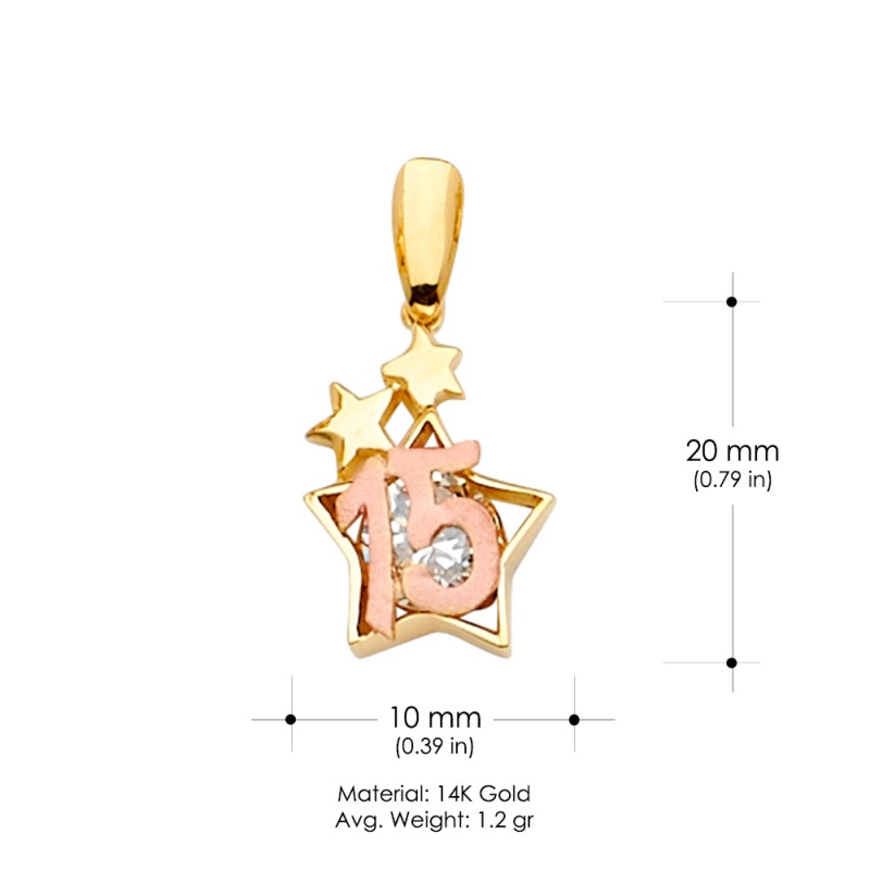 14K Gold Cz 15 Years Quinceanera Star Charm Pendant