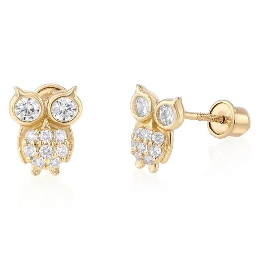 14K Gold CZ Beautiful Owl Lucky Charm Stud Earrings - Ioka