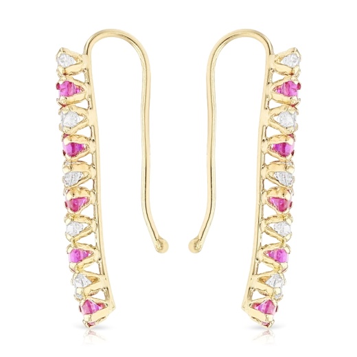 14K Gold Red Cz Lined Ear Crawler - Cuff Earrings