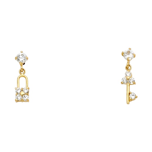 14K Gold Cz Lock & Key Symbol Stud Earrings - Ioka