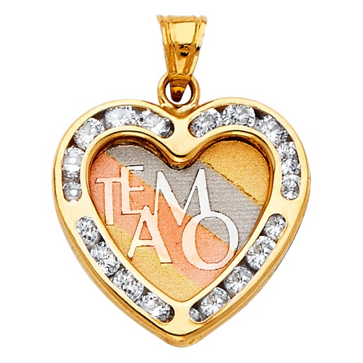 14K Gold Cz Te Amo Heart Charm Pendant