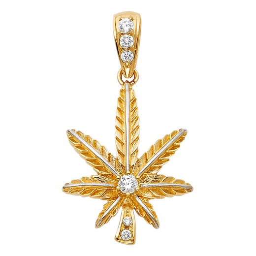 14K Gold Cz Marijuana Leaf Charm Pendant