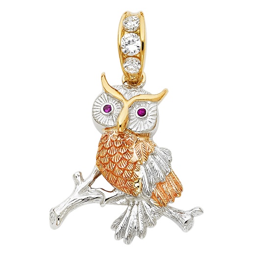 14K Gold Cz Owl Charm Pendant by Ioka Jewelry