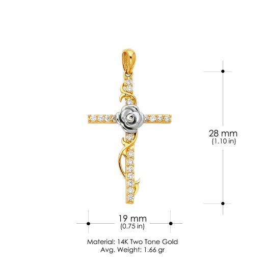 14K Gold Cz Religious Cross With Rose Charm Pendant - Ioka