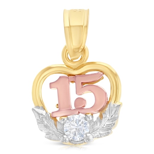 14K Gold 15 Years Birthday Quinceanera Heart Cz Charm Pendant