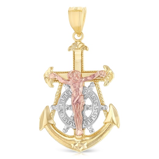 14K Gold Jesus Crucifix Anchor Religious Pendant - Ioka