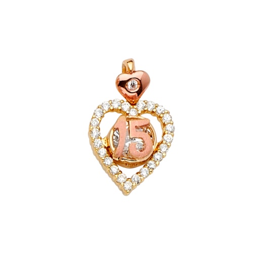 14K Gold Cz 15 Years Quinceanera Heart Charm Pendant