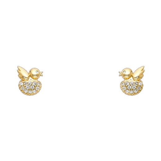 14K Gold Cz Little Bird & Nest Stud Earrings