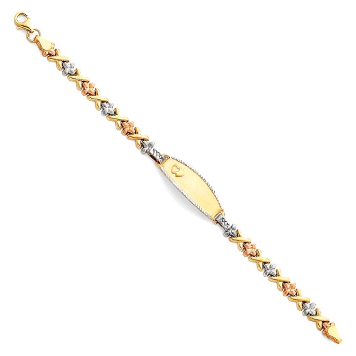 14K Gold Light Stampato Flowers Engravable Id Hugs And Kisses Bracelet - 6'