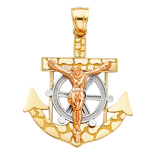 14K Gold Mariner Religious Crucifix Charm Pendant - Ioka