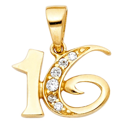 14K Gold Cz 16 Years Charm Pendant