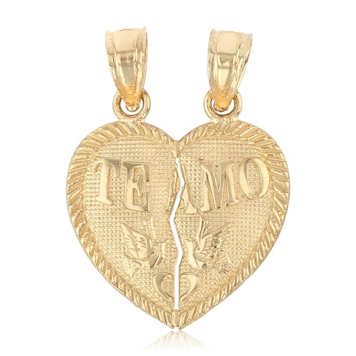 14K Gold Small 'Te Amo' Couple Broken Heart Charm Pendant