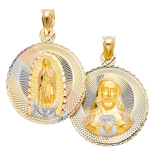 Ioka 14K Gold Diamond Cut Double Side Stamp Virgin Mary & Jesus Religious Pendant