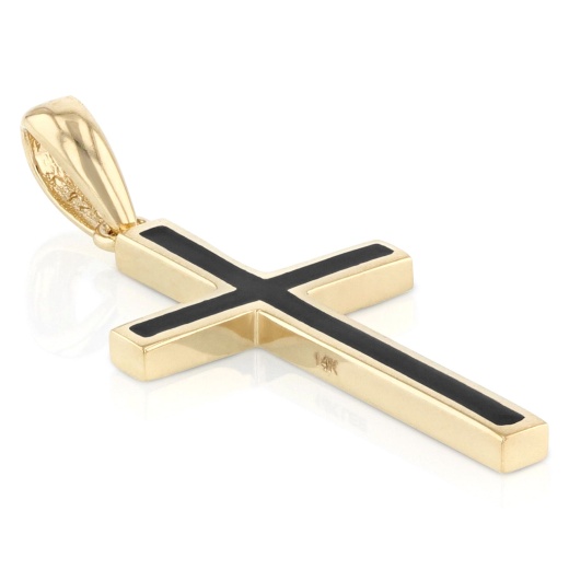 14K Gold Religious Cross With Black Enamel Charm Pendant