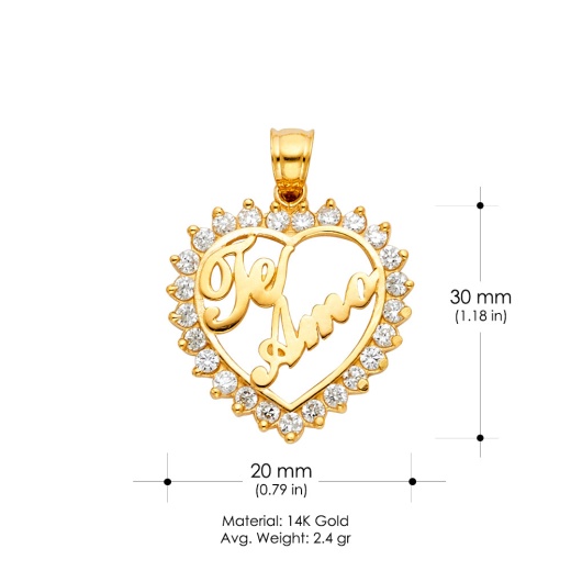 14K Gold Te Amo Heart Cz Charm Pendant