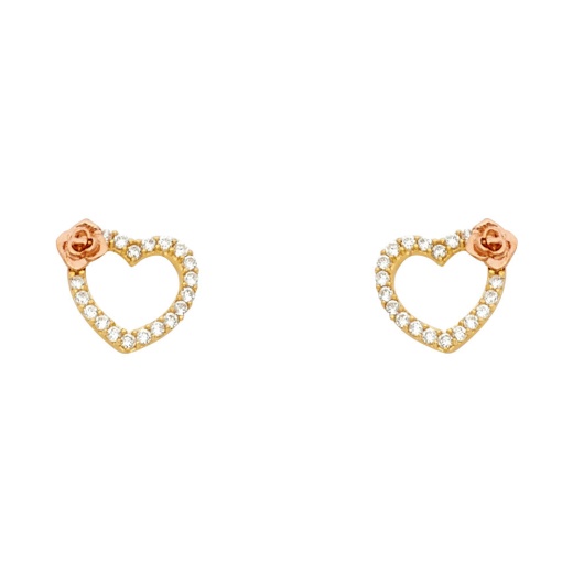 14K Gold Cz Heart With Flower Stud Earrings - Ioka