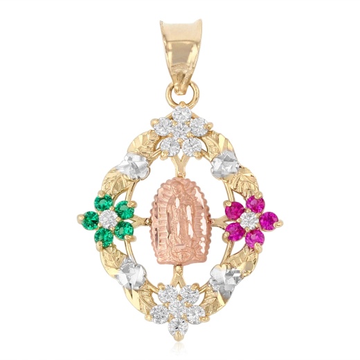 14K Gold Cz Guadalupe Medal Religious Pendant