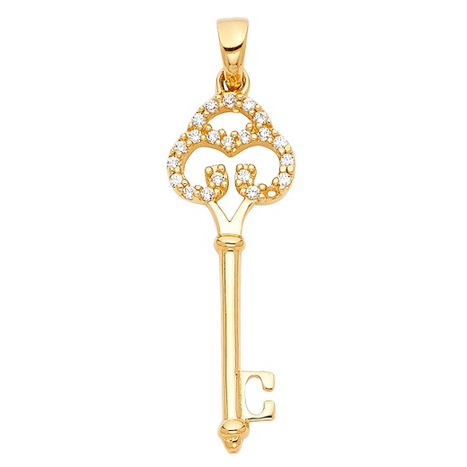 14K Gold Vintage Key Cz Charm Pendant - Ioka