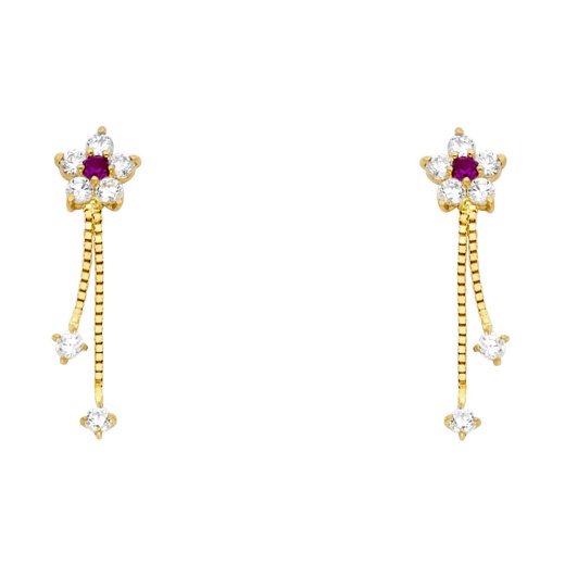 14K Gold Cz Flower Dangle Drop Stud Earrings
