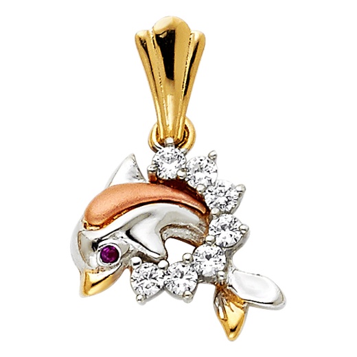 14K Gold Cz Dolphin Charm Pendant