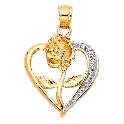 14K Gold Heart With Rose Charm Pendant