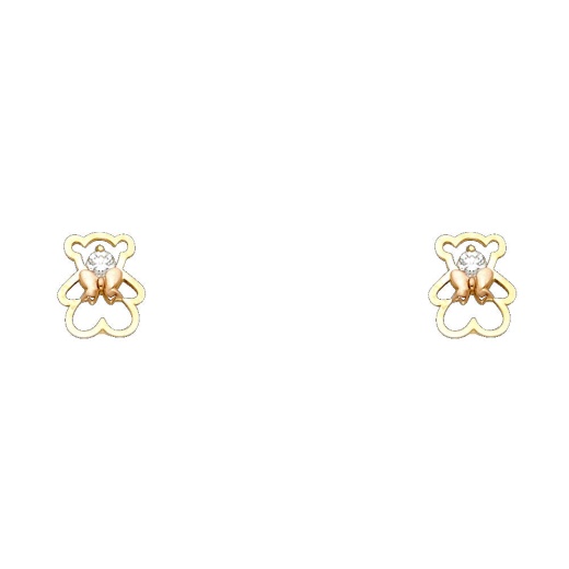 14K Gold Cz Cute Teddy Bear And Bow Stud Earrings - Ioka