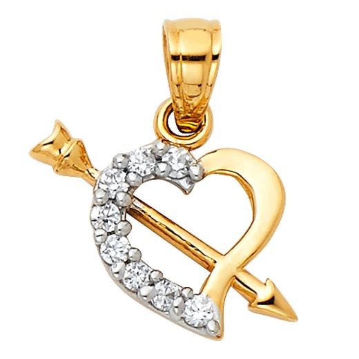 14K Gold Cz Heart With Cupid Arrow Charm Pendant