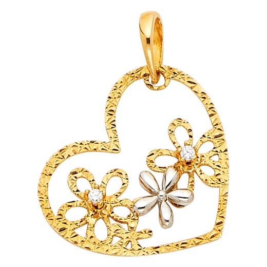 Ioka 14K Gold Cz Hollow Heart With Flowers Charm Pendant