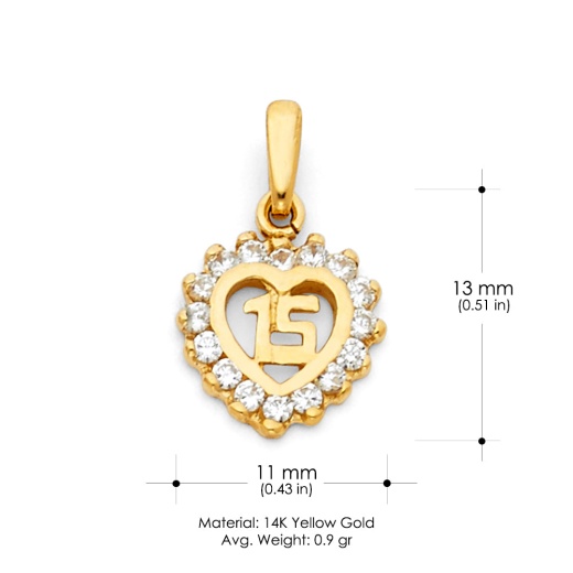 14K Gold 15 Years Birthday Quinceanera Heart Cz Charm Pendant