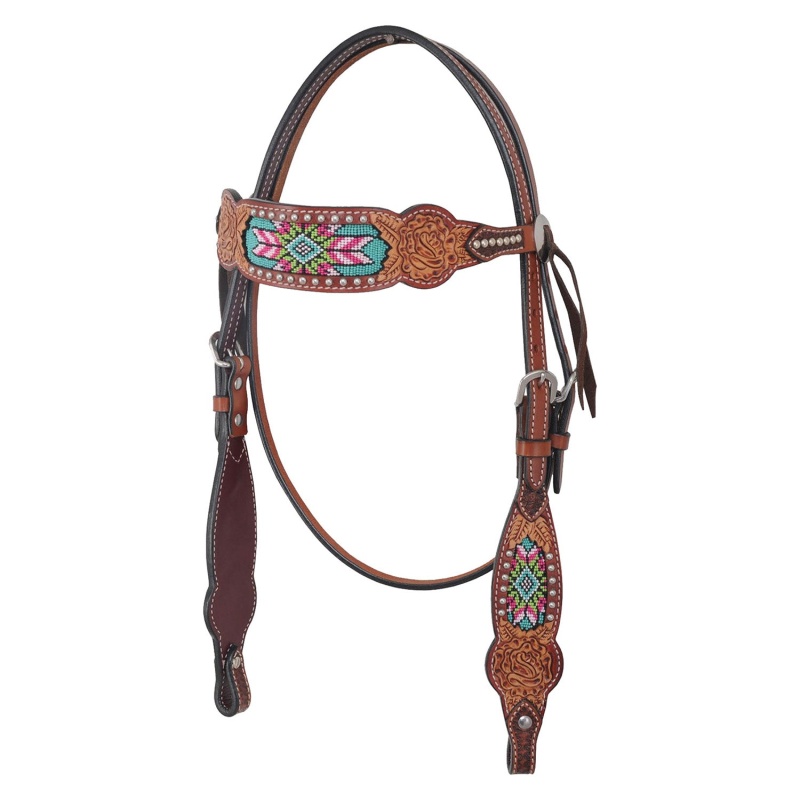 Rafter T Ranch Co. Browband Headstall with Basket Tooling, Rawhide Weaving, Turquoise Beads