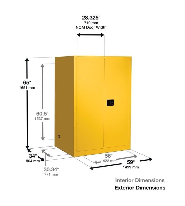 115 Gallon, 1 Drum, 3 Shelves, 2 Doors, Self Close, Double Duty Flammable Cabinet With Drum Rollers, Sure-Grip® Ex, Yellow