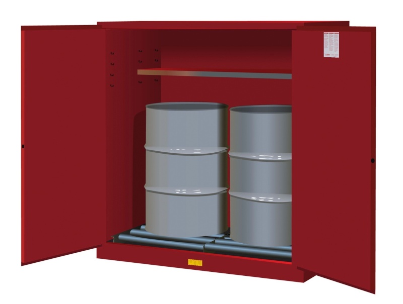 110 Gallon, 2 Drum Vertical, 1 Shelf, 2 Doors, Self Close, Flammable Cabinet With Drum Rollers, Sure-Grip® Ex, Red