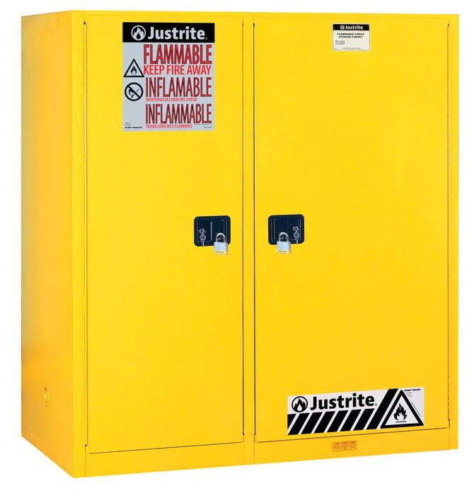 115 Gallon, 1 Drum, 3 Shelves, 2 Doors, Manual Close, Double Duty Flammable Cabinet With Drum Rollers, Sure-Grip® Ex, Yellow