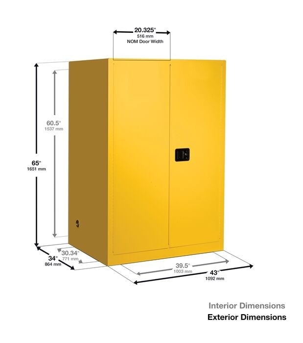 60 Gallon, 2 Drum Vertical, 1 Shelf, 2 Doors, Manual Close, Safety Cabinet With Drum Rollers, Sure-Grip® Ex, Yellow