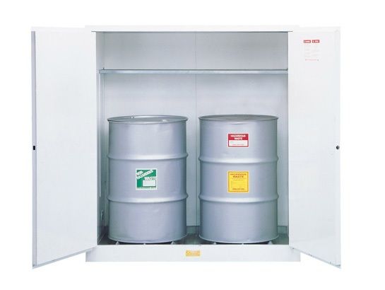 110 Gallon, 2 Drum Vertical, 1 Shelf, 2 Doors, Manual Close, Flammable Waste Cabinet, Sure-Grip® Ex, White