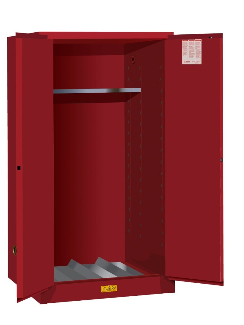 55 Gallon, 1 Drum Vertical, 1 Shelf, 2 Doors, Manual Close, Flammable Cabinet W/ Drum Support, Sure-Grip® Ex, Red