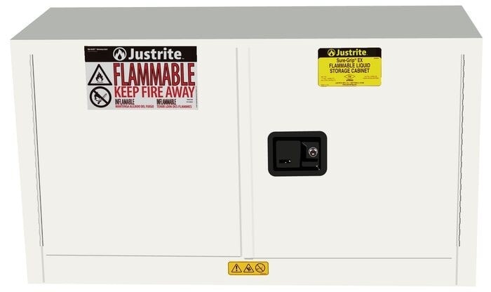 17 Gallon, 1 Shelf, 2 Doors, Self Close, Flammable Safety Cabinet, Sure-Grip® Ex Piggyback, White