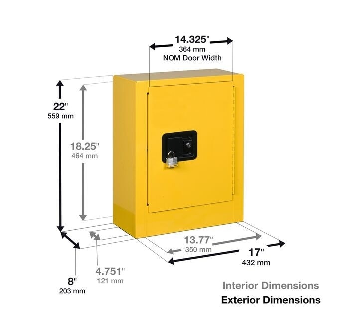1 Door, Manual Close, Mini Transportable Flammable Cabinet For Aerosols, Sure-Grip® Ex, Yellow