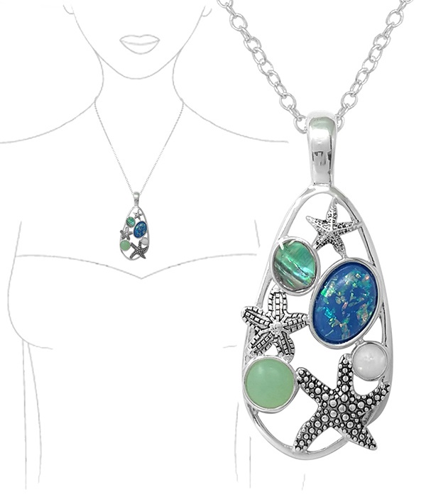 Sealife Theme Abalone Opal And Seaglass Mix Necklace - Starfish