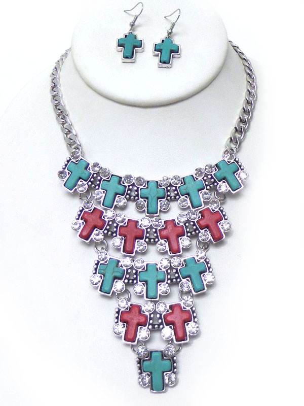 Linked Stone Coss Necklace Set