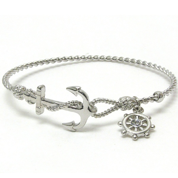 Crystal Wheel Charm And Anchor And Twist Wire Band Bangle Bracelet