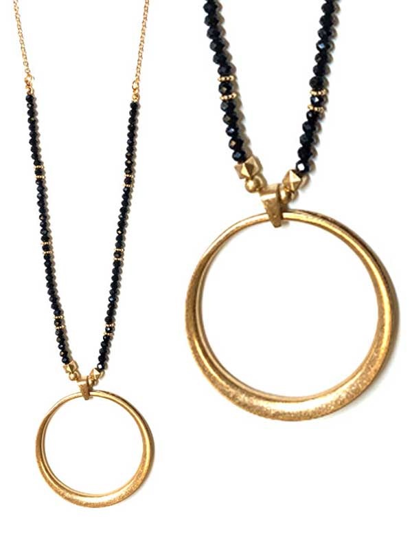 Metal Hoop Pendant And Multi Seedbead Long Necklace