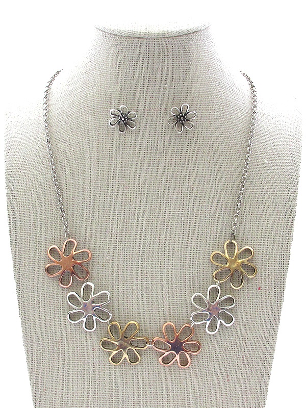 Vintage Metal Multi Flower Link Necklace