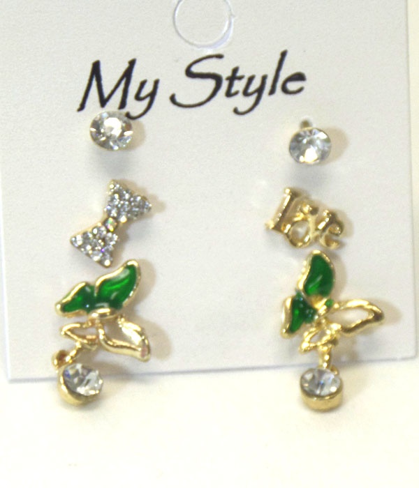 Crystal Butterfly And Bow 3 Pair Earring Set