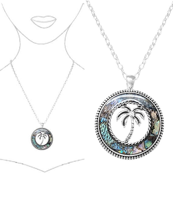 Abalone Disc Pendant Necklace - Palm Tree