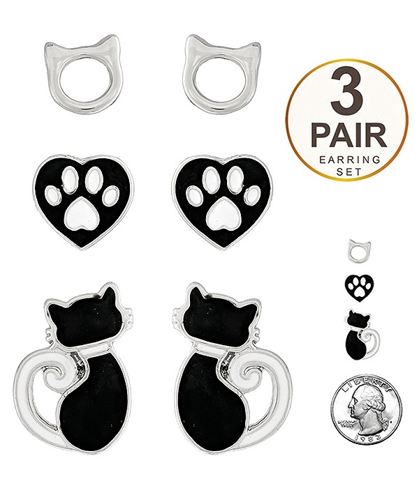 Pet Lovers Theme 3 Pair Earring Set - Cat